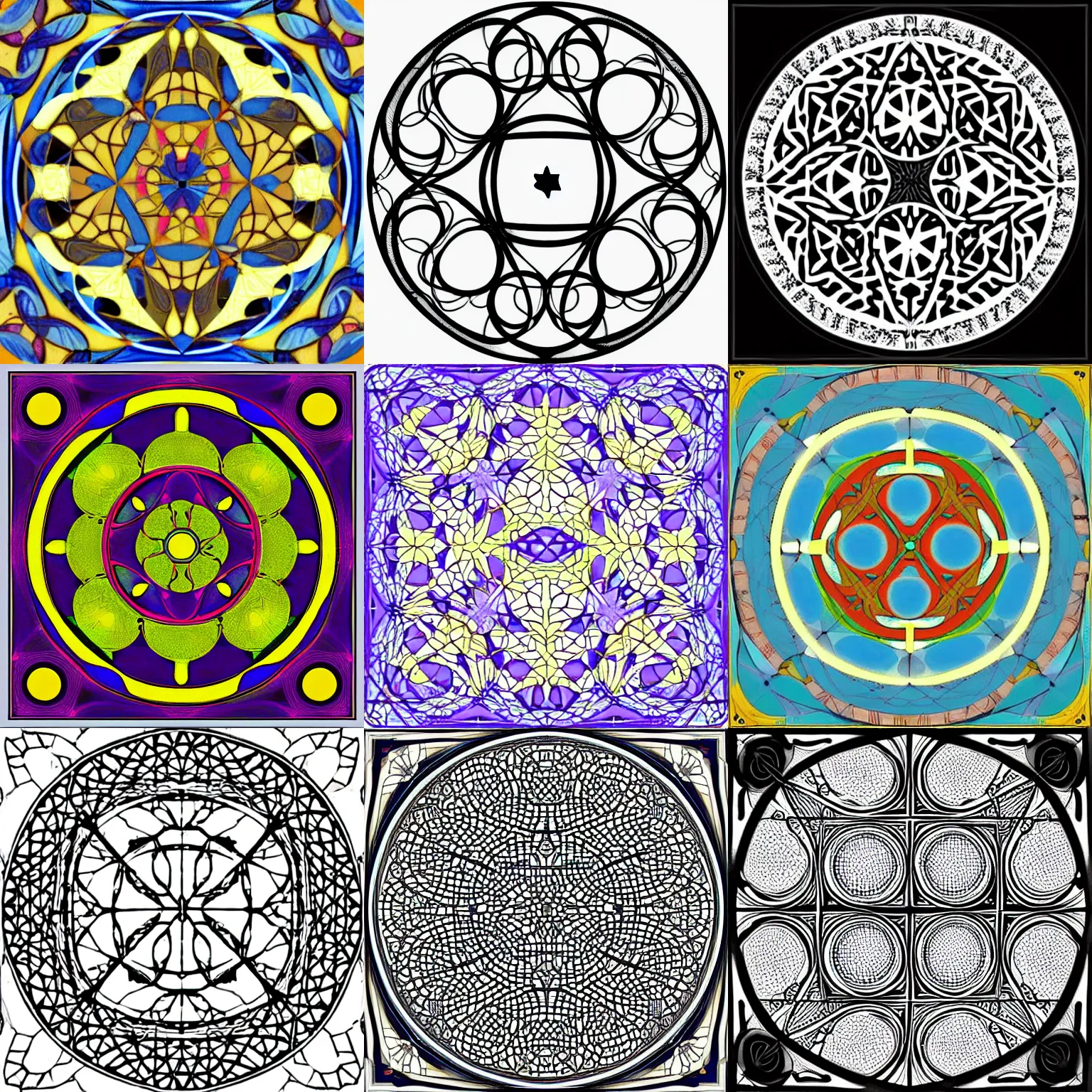 Prompt: circle limit, hyperbolic tiling, Escher