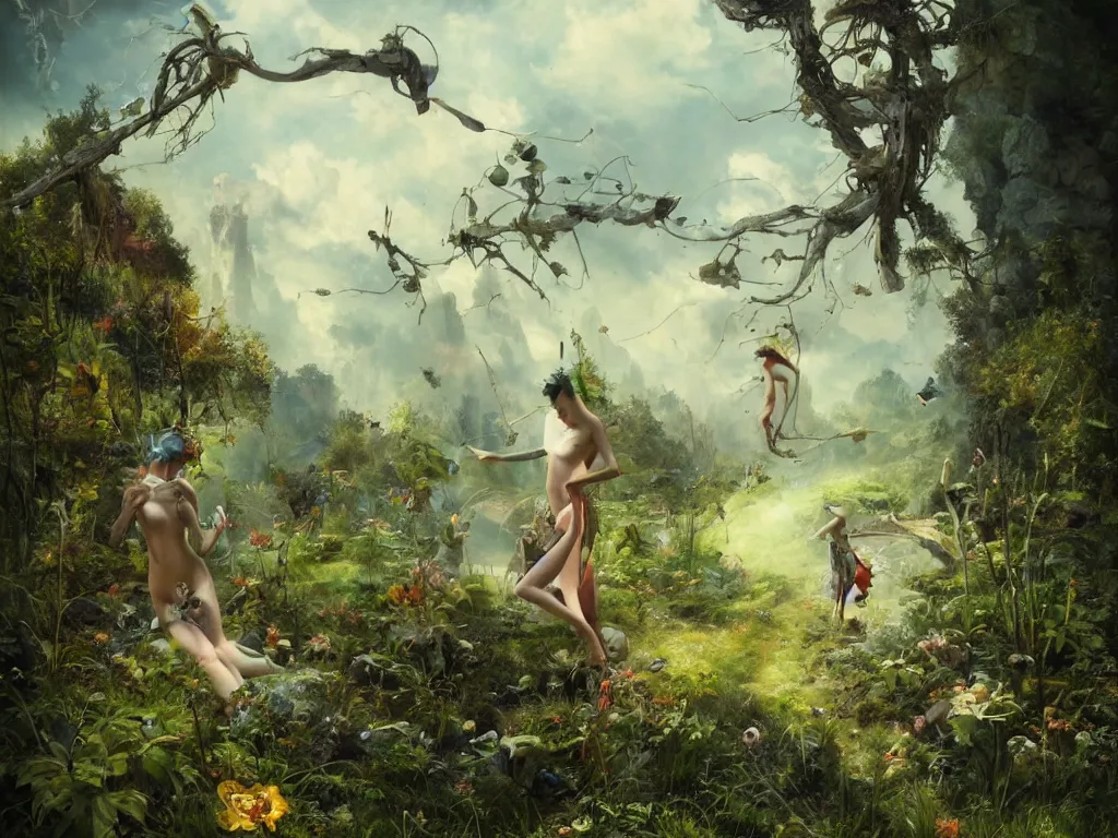 Image similar to a solarpunk very very very beautiful lush landscape of a the most beautiful nymph in a field are of broken stone words with cyborg workers picking up the broken stone and trying to put them back together, hyperrealistic, award-winning, masterpiece, in the style of Tom Bagshaw, Cedric Peyravernay, Peter Mohrbacher