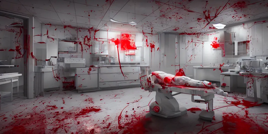 Prompt: High-tech white laboratory with horrible creature on the operating table, red panels with broken circuits, alarm lights, blood, horror, dark cinematic, volumetric, realistic, 3d render, Realistic Render, Cinematic lighting, Volumetric lighting, atmospheric, cinematic, unreal engine, unreal engine render, octane render, HD, photorealism, hyper realistic, photo, 8K, in the style of Chris Cunnigham, by Wes Anderson