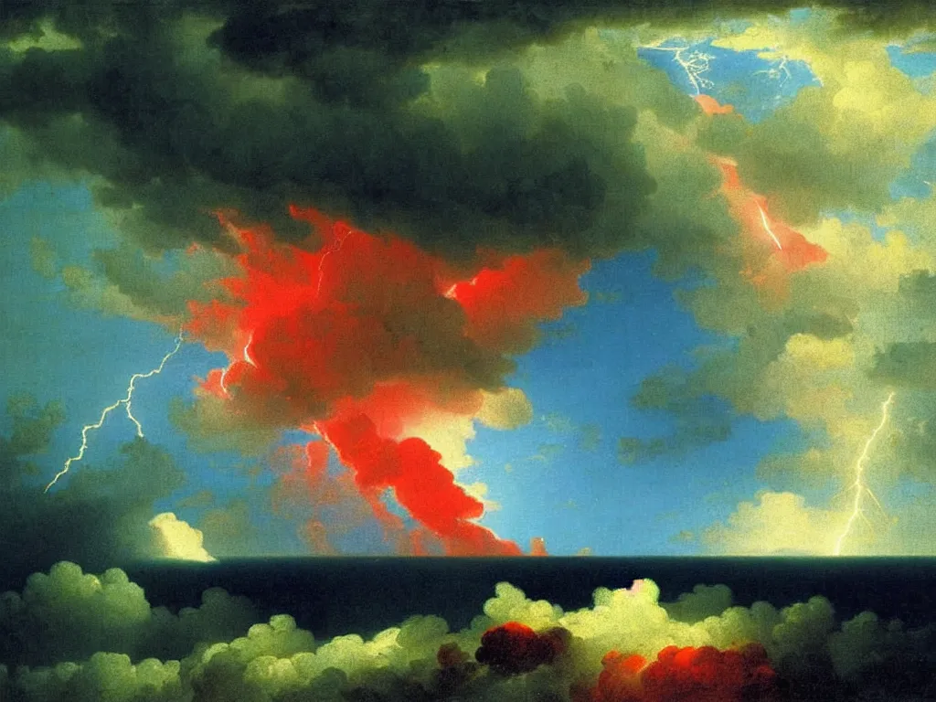 Image similar to lightning strikes a close up of a dark cloud with a cloudy sky blue and red and green colors by aivazovsky