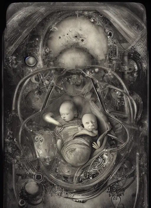 Prompt: old wetplate daguerreotype birth of artificial baby futuristic life, fractal, intricate, elegant, highly detailed, parallax, leica, medium format, subsurface scattering, by jheronimus bosch and greg rutkowski and louis jacques mande daguerre