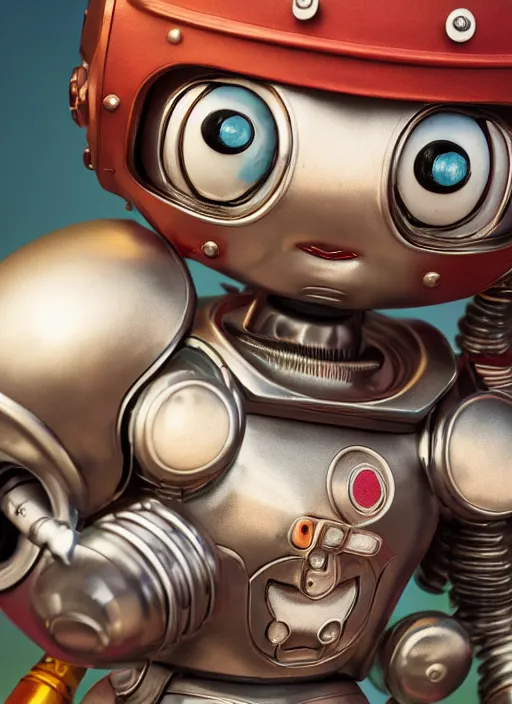 Image similar to highly detailed closeup portrait of a cute tin toy retro robot, nicoletta ceccoli, mark ryden, lostfish, earl nore, hyung tae, frank frazetta, global illumination, god rays, detailed and intricate environment