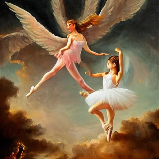 Image similar to a stunning oil painting of an angel ballerina facing off against a demon ballerina in an epic battle