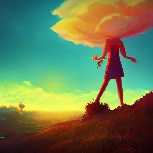 Image similar to closeup, giant flower head, girl standing on cliff, surreal photography, sunrise, blue sky, dramatic light, impressionist painting, digital painting, artstation, simon stalenhag