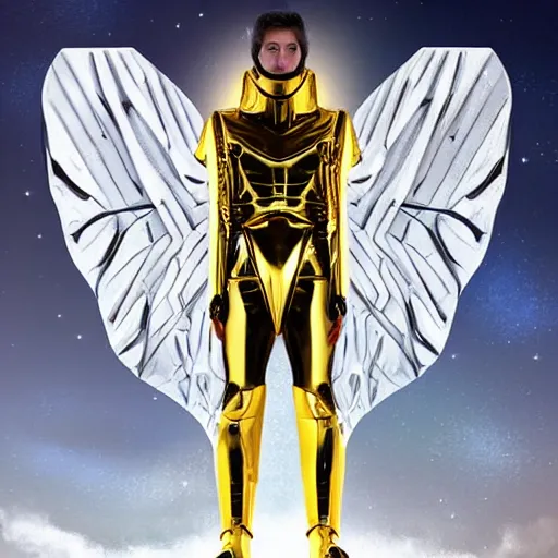 Image similar to a man 4 5 meters tall covered completely with a futuristic golden armor, his skin looks like white and black marble and can be seen between the armor, he has wings made of dark energy, he has a thurible in his hand with smoke, he lives in the year 3 0 0 0 in space, dune movie digital art