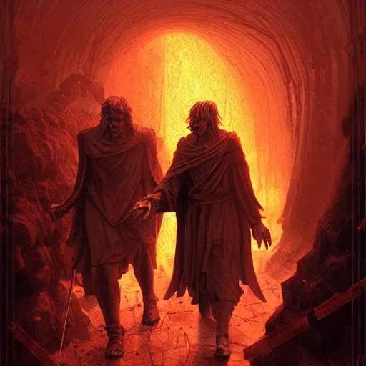 Image similar to Dante Alighieri and the poet Virgil walking through hell by Marc Simonetti