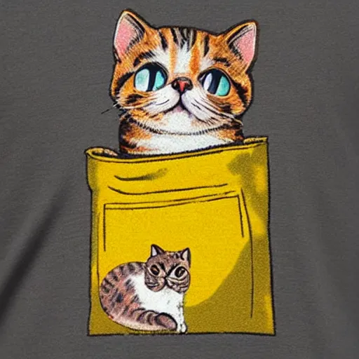 Prompt: cute cat in the pocket of a tshirt