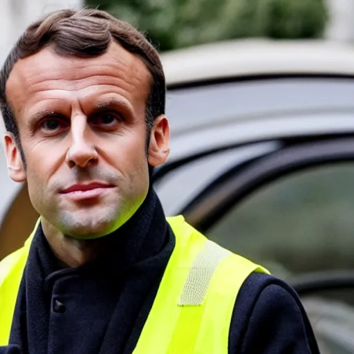 Prompt: Emmanuel Macron wearing a yellow vest