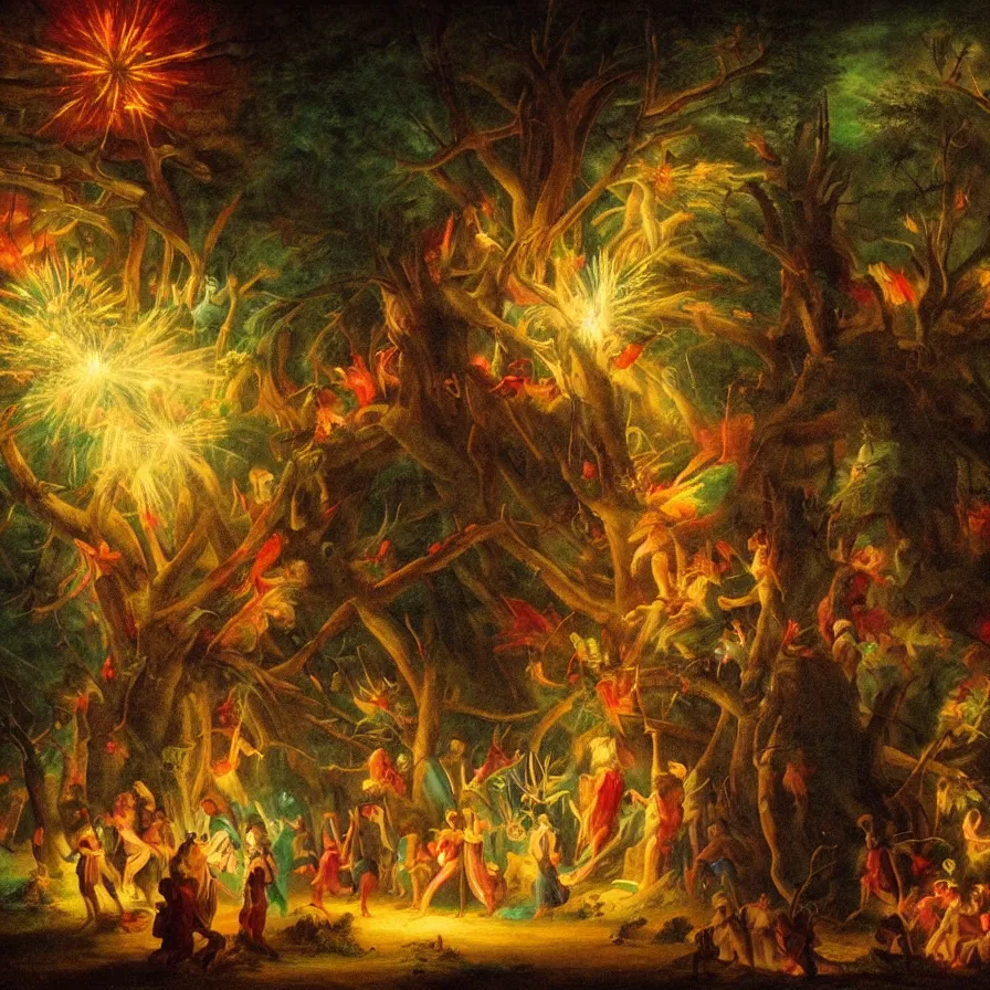 Image similar to closeup of a night carnival inside a tree cavity in a magical forest in the middle of a summer storm, with a music scenario with many fireworks and christmas lights, volumetric lightning, instense god rays in the sky, folklore people disguised with fantastic creatures in a magical forest by summer night, masterpiece painted by ary scheffer, very coherent and colorful high contrast masterpiece,