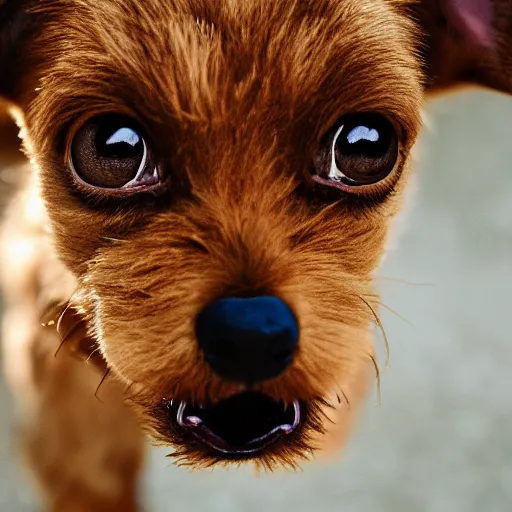 Prompt: closeup portrait of a small light brown furry dog with tongue licking its nose, natural light, sharp, detailed face, magazine, press, photo, Steve McCurry, David Lazar, Canon, Nikon, focus