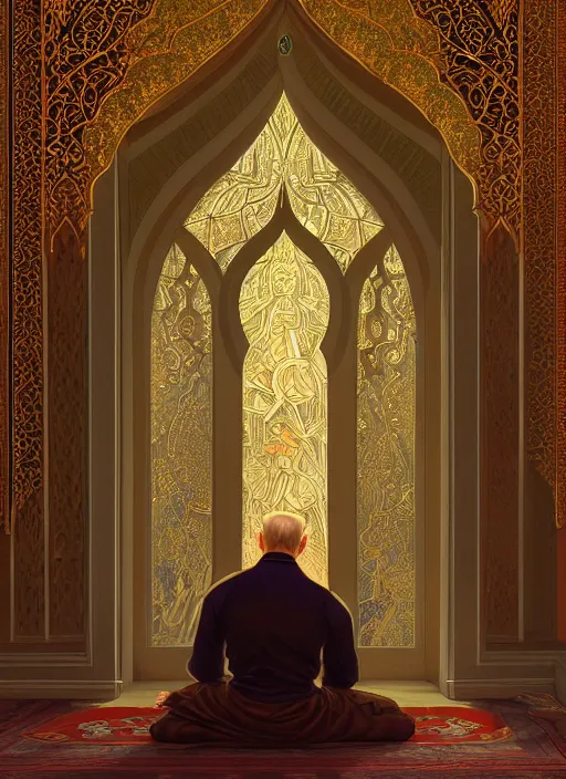 Image similar to vladimir putin praying in the mosque, intricate, elegant, highly detailed, my rendition, digital painting, artstation, concept art, smooth, sharp focus, illustration, art by artgerm and greg rutkowski and alphonse mucha and uang guangjian and gil elvgren and sachin teng,