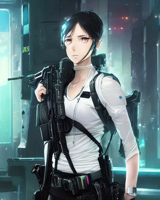 Image similar to anime key visual of a young female swat officer, neon, cyberpunk, futuristic, white top, black vest, stunning, highly detailed, digital painting, artstation, smooth, soft focus, illustration, art by artgerm and greg rutkowski and alphonse mucha