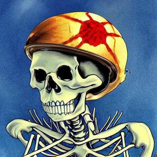 Image similar to a detailed portrait of a skeleton riding a nuke, blue eyes, art illustration, incredibly highly detailed and realistic, 8 k, sharp focus