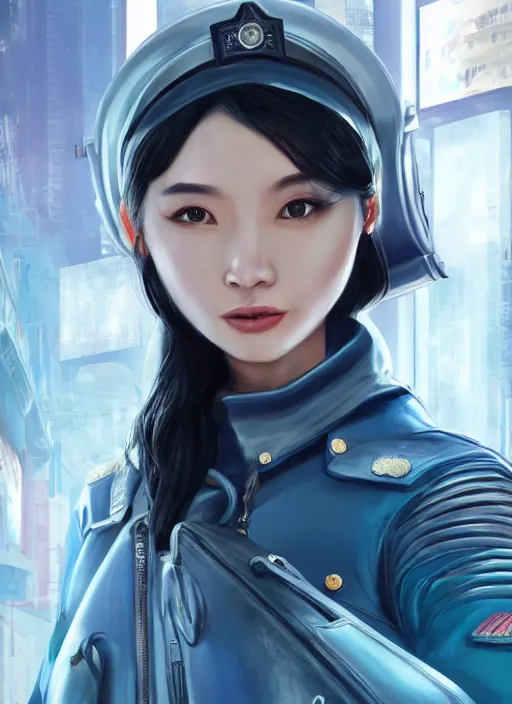 Image similar to portrait of angelababy, futuristic hong kong police uniform girl bioshock, au naturel, hyper detailed, digital art, trending in artstation, cinematic lighting, studio quality, smooth render, unreal engine 5 rendered, octane rendered, art style by klimt and nixeu and ian sprigger and wlop and krenz cushart