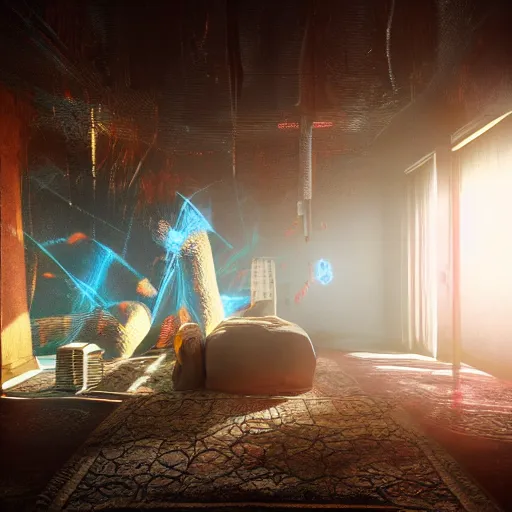 Prompt: a hyperrealistic 3 d render of a dmt trip, photorealism, dramatic lighting, volumetric lighting, 8 k, unreal engine, octane render