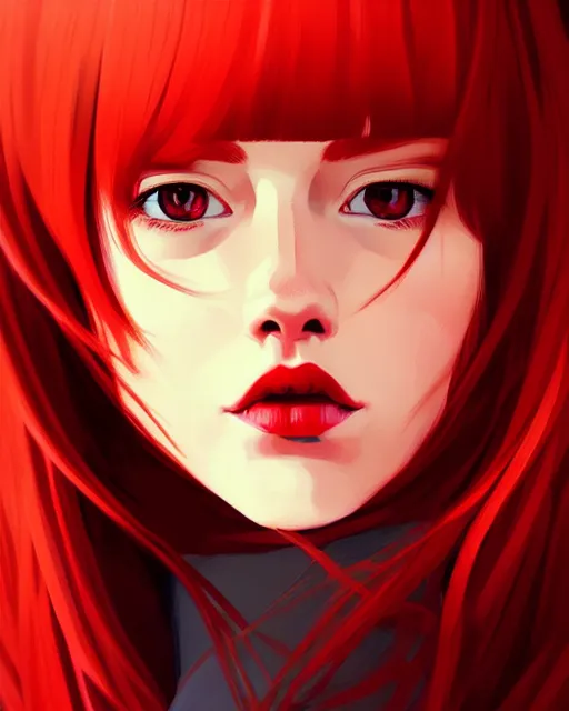 Image similar to a detailed portrait of a beautiful!! woman with red hair and freckles by ilya kuvshinov, digital art, dramatic lighting, dramatic angle