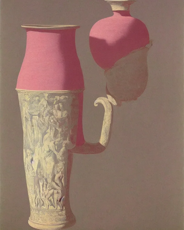 Image similar to achingly beautiful print of intricately painted ancient greek amphora on a pink background by rene magritte, monet, and turner.