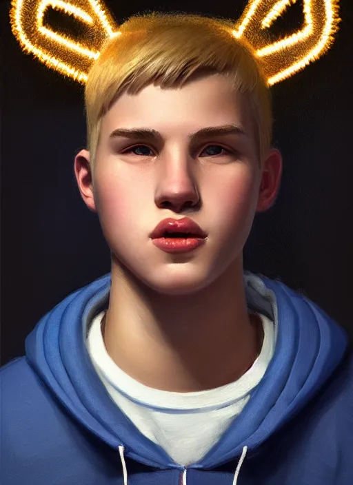 Image similar to portrait of high school senior boy named big moose, blonde short hair, jock, beefy, wide face, square jaw, square facial structure, blue varsity jacket with letter r, intricate, elegant, glowing lights, highly detailed, digital painting, artstation, concept art, sharp focus, illustration, art by wlop, mars ravelo and greg rutkowski