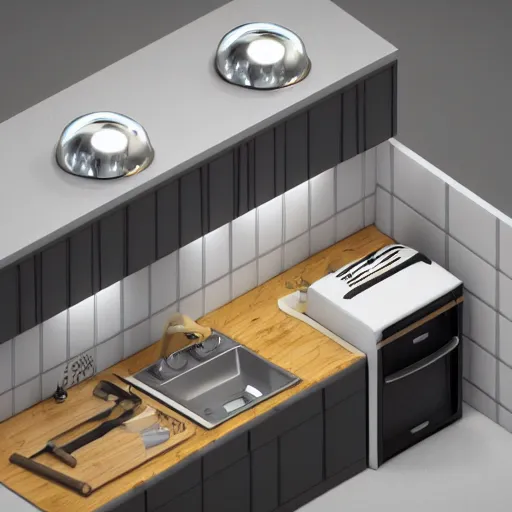 Prompt: isometric chubby kitchen, c 4 d style, octane render, studio lighting