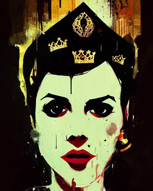 Prompt: mafia queen portrait, corrupted crown, dripping black gold paint, ismail inceoglu, tom whalen