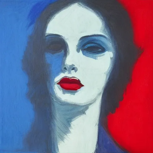 Prompt: profile portrait in peruvian gothic style ( 1 9 5 4 ), cerulean blue, cadmium red, zinc white, modeled lighting, detailed, expressive, shadows