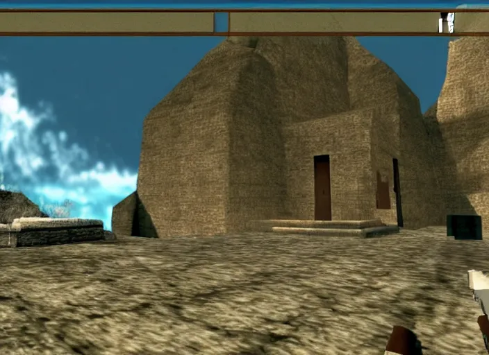 Prompt: a lonely temple next to an ancient city. screenshot of goldeneye. nintendo 6 4 ( 1 9 9 6 )