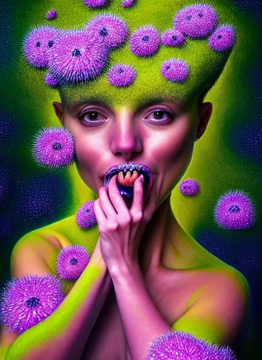 Image similar to hyper detailed 3d render like a chiariscuro Oil painting - Aurora (Singer) looking adorable and seen in dynamic pose joyfully Eating of the Strangling network of yellowcake aerochrome and milky Fruit and Her delicate Hands hold of gossamer polyp blossoms bring iridescent fungal flowers whose spores black the foolish stars to her smirking mouth by Jacek Yerka, Mariusz Lewandowski, Houdini algorithmic generative render, Abstract brush strokes, Masterpiece, Edward Hopper and James Gilleard, Zdzislaw Beksinski, Mark Ryden, Wolfgang Lettl, hints of Yayoi Kasuma, octane render, 8k