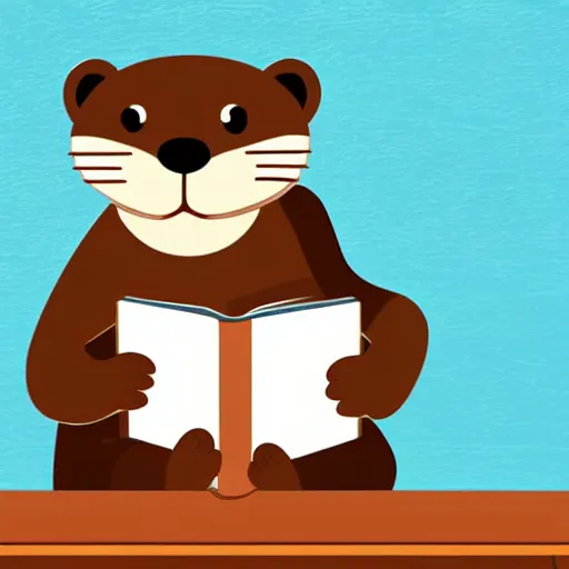 Image similar to a cute otter reading a book at a school desk, hyperrealistic, dynamic lighting