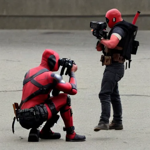 Image similar to candid photo of deadpool filming a camera man, 4 k