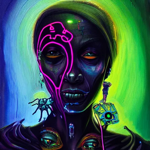 Image similar to a death tarot featuring a haitian voodoo priestess with menacing eyes, blacklight neon colors, by anton semenov and android jones in cyberpunk voodoo style, oil on canvas, 8k