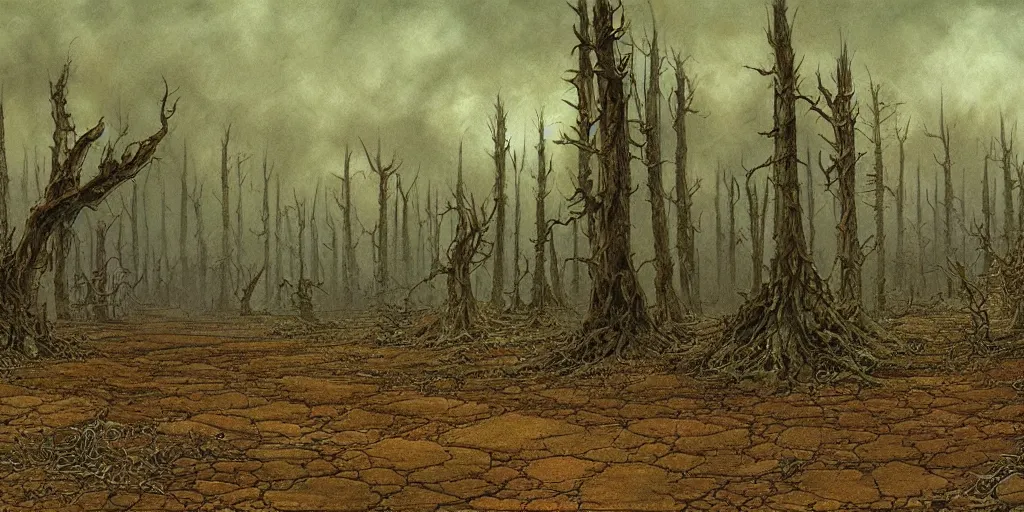 Image similar to artwork by john howe of the cinematic view of a desolate, radioactive forest