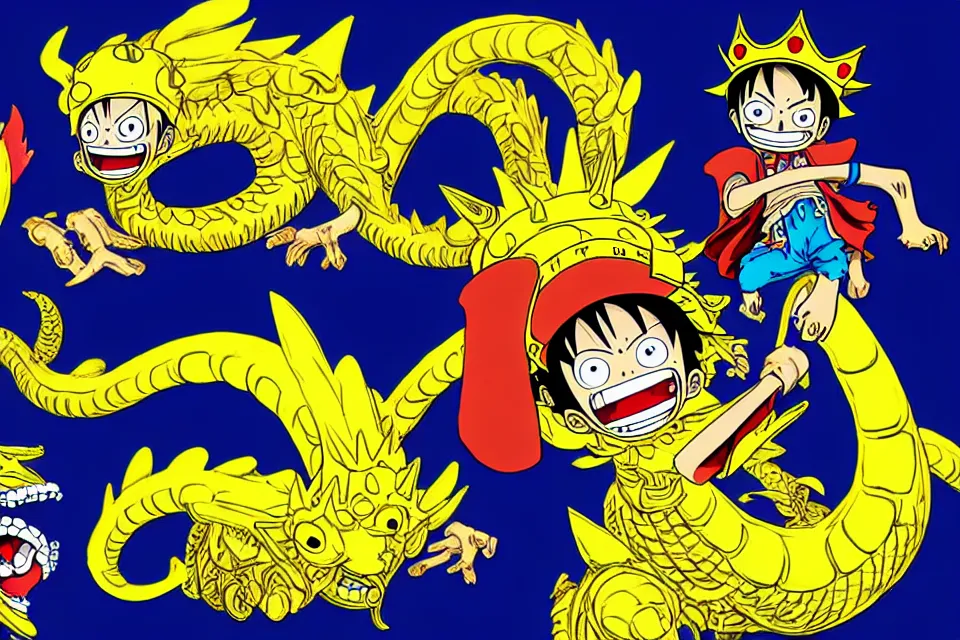 Image similar to concept sketches of luffy wearing a gold crown riding a large dragon by jamie hewlett, in the style of megaman, micro detail