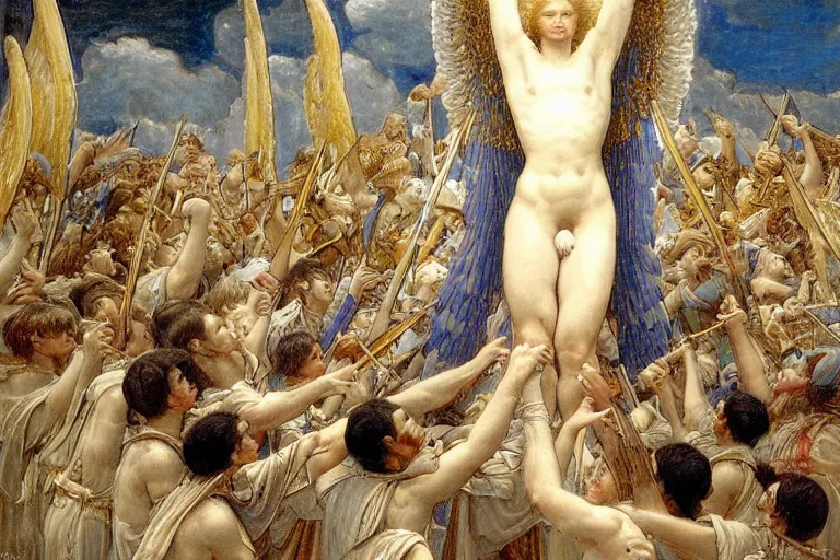 Image similar to an angelic being descends from the clouds holding five swords and below a crowd of shouting villagers wave their hands in the air, painting by jeanne delville, extremely detailed, award - winning,