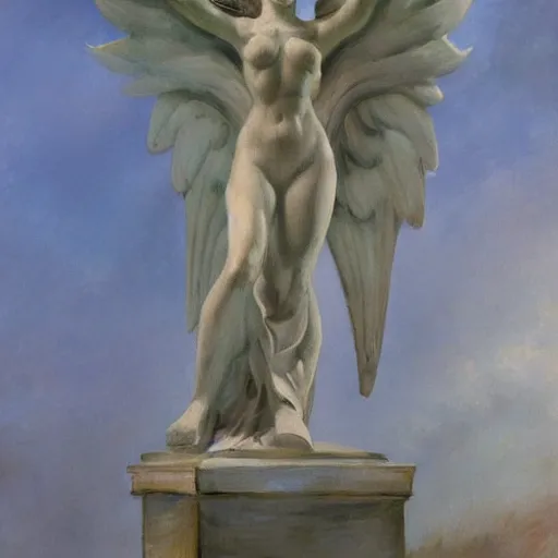 Prompt: a statue painted on a stage a feminine mask hovering above it, grey coulds surrounding,! winged victory samothrace! heavy brushstrokes oil painting, rodin style