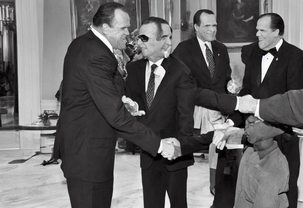 Prompt: high quality black and white photograph of TMNT Michaelangelo shaking hands with Richard Nixon at the White House