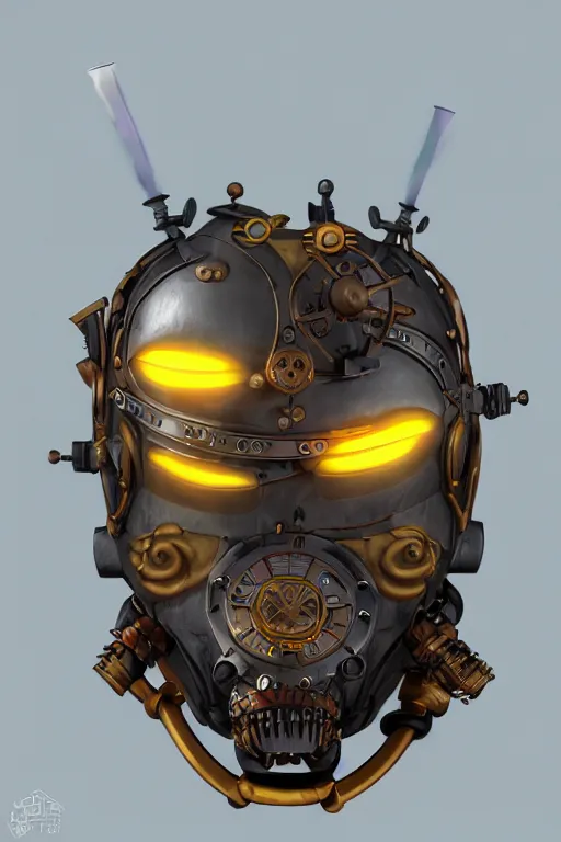 Image similar to steampunk mask minimalist fantasy art robot ninja helmet, global illumination ray tracing hdr fanart arstation by sung choi and eric pfeiffer and gabriel garza and casper konefal radiating a glowing aura