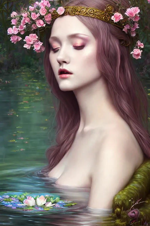 Prompt: artistic painting, wide angle, side view, medieval princess, ophelia, wearing ornate robes, beautiful eyes and lips, drowned, floating flat on her back in a forest pond, flowers, art by artgerm and wlop and brom, highly detailed, 8 k, cinematic, digital painting, sharp focus, illustration, masterpiece