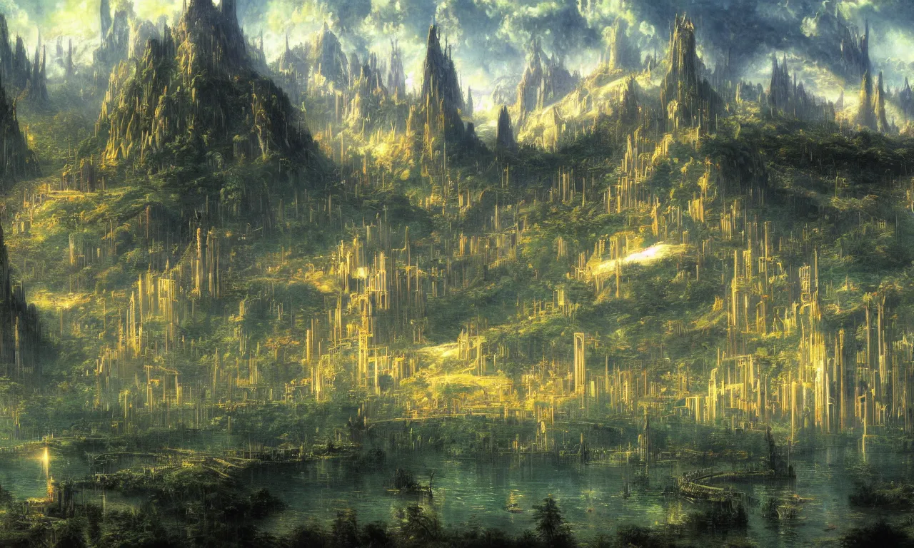 Image similar to a sprawling science fiction city inspired by rivendell, painted by bierstadt and chirico hidden in a forest