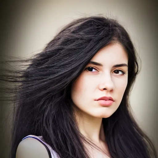 Image similar to young woman with long messy black hair, slightly smiling, 1 3 5 mm nikon portrait