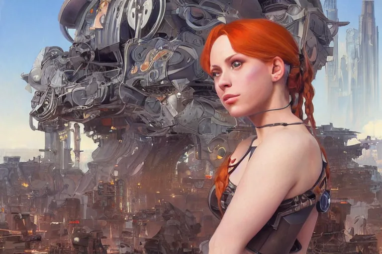 Image similar to a beautiful realistic portrait painting of liz katz as fifth element girl in a uthopian future city lanscape, intricate, elegant, highly detailed, digital painting, artstation, concept art, by krenz cushart and artem demura and alphonse mucha