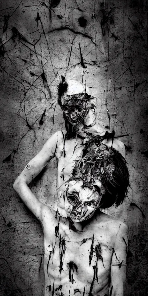 Image similar to hybrid human and garbage, photography, freaks, creepy, scratches