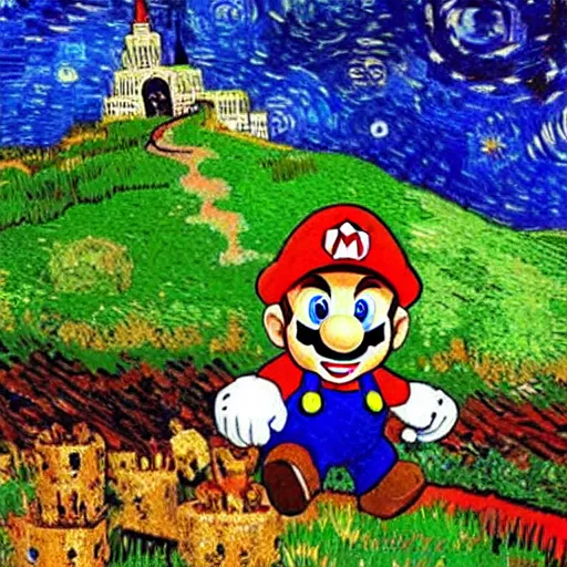 Prompt: highly detailed Super Mario on a hill under sky, by Van Gogh