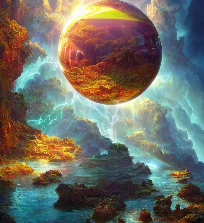Prompt: a magical and exquisite fantasy illustration of a faceted crystal ball fractal in water + prism + god rays + dramatic lightning + backlit + specular highlights + ambient occlusion + global illumination + bump map + reflective + caustics + refractive + unreal engine 5 + DOF + sharp focus, digital artwork by Dan Mumford + Peter Mohrbacher + Ash Thorp
