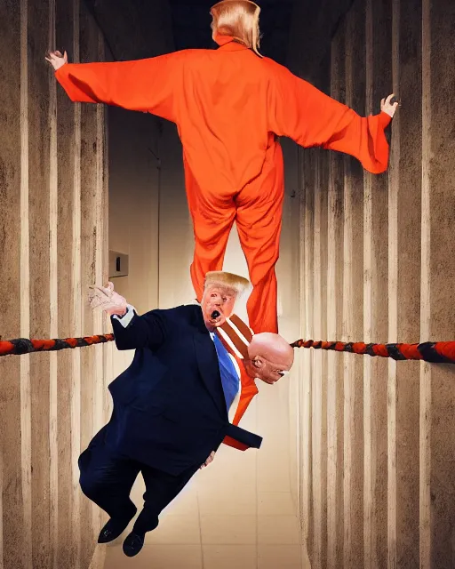 Prompt: Medium shot photo of scared Donald Trump in prison jail wearing orange pajamas with an American bald eagle attacking his head, Annie Leibowitz, octane, dramatic lighting, editorial photo, 35mm, very detailed