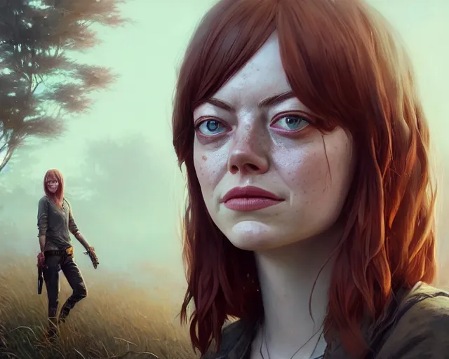 Image similar to highly detailed portrait of emma stone, in the walking dead, stephen bliss, unreal engine, fantasy art by greg rutkowski, loish, rhads, ferdinand knab, makoto shinkai and lois van baarle, ilya kuvshinov, rossdraws, tom bagshaw, global illumination, radiant light, detailed and intricate environment