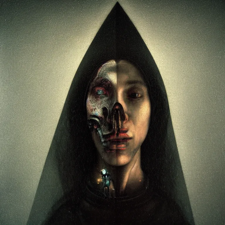 Prompt: portrait of cyborg witch by hieronymus bosch, soft grainy bloom lucid dream - like atmosphere, harsh flash photo, baroque portrait painting, perfect composition, detailed octane render trending on artstation, 8 k artistic photography, volumetric cinematic perfect light, chiaroscuro, masterpiece, raphael, caravaggio, beksinski, rutkowski, beeple