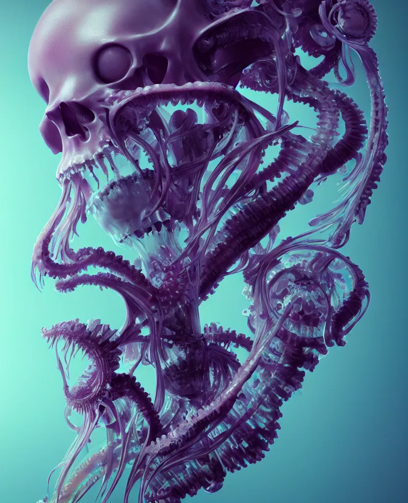 Image similar to symmetry!! goddess close - up portrait human skeleton, ram skull, squid phoenix jellyfish, orchid, betta fish, bioluminiscent, intricate artwork by tooth wu and wlop and beeple. octane render, trending on artstation, greg rutkowski very coherent symmetrical artwork. cinematic, hyper realism, high detail, octane render, 8 k