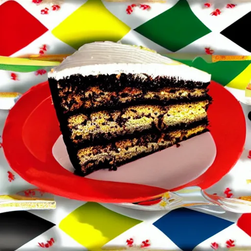 Image similar to slice of cake, the cake has the pattern of the south african flag, south african, realistic photograph