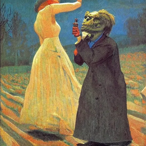 Prompt: haunting by konstantin yuon, by michael ancher. the street art features a group of monsters who live in a castle & have to deal with frankenstein's monster.