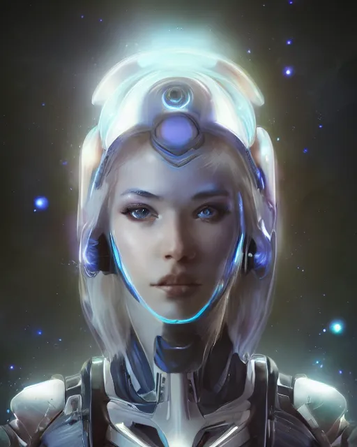 Image similar to perfect android girl on a mothership, warframe armor, beautiful face, scifi, futuristic, galaxy, nebula, raytracing, dreamy, long white hair, blue cyborg eyes, sharp focus, cinematic lighting, highly detailed, artstation, divine, by gauthier leblanc, kazuya takahashi, huifeng huang